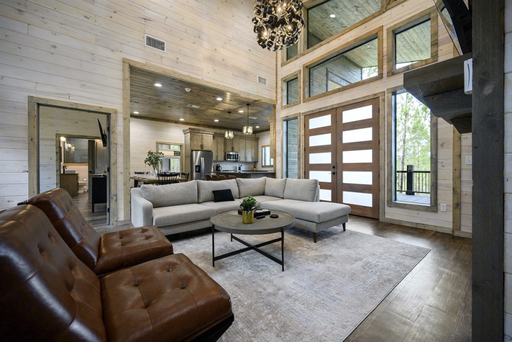 Interior view of the Endless Views cabin showcasing a spacious living area with a comfortable