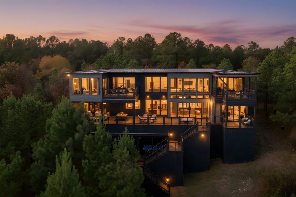 Luxury Falcon Ridge Cabin in Broken Bow, Oklahoma, showcasing modern architecture with large windows, surrounded
