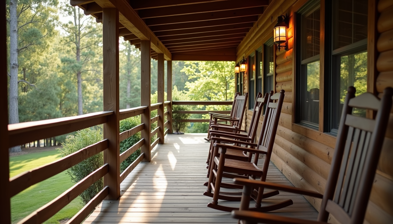 Eye-level view of cozy cabin porch with rocking chairs