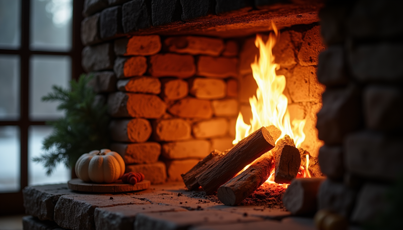 Close-up view of a rustic cabin fireplace with glowing fire