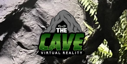 Logo for "The Cave Virtual Reality" with green and black text. Background shows rocky surfaces and green ferns, suggesting a cave setting.